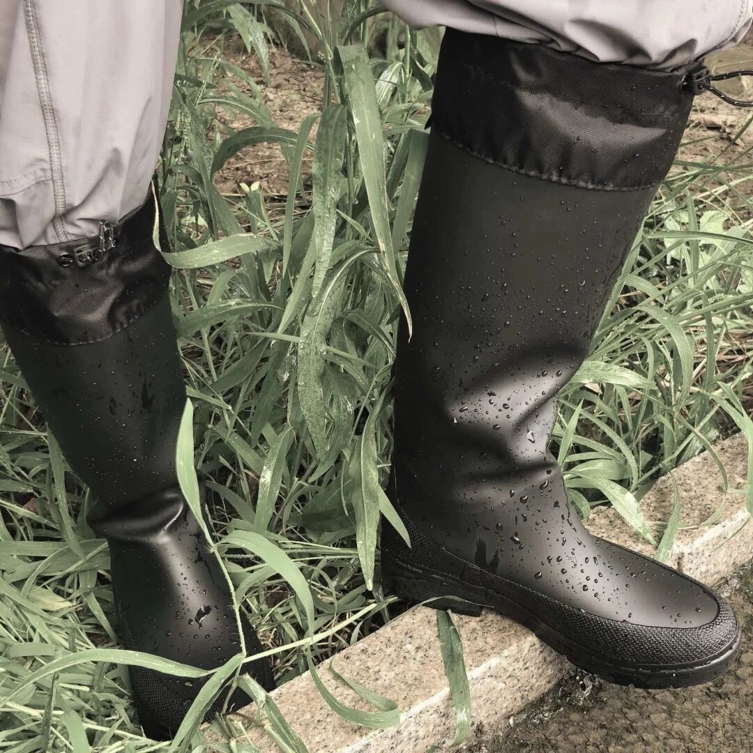 Black-high-latex-rain-boots-water-drop-surface-outdoor-fishing-garden-boots